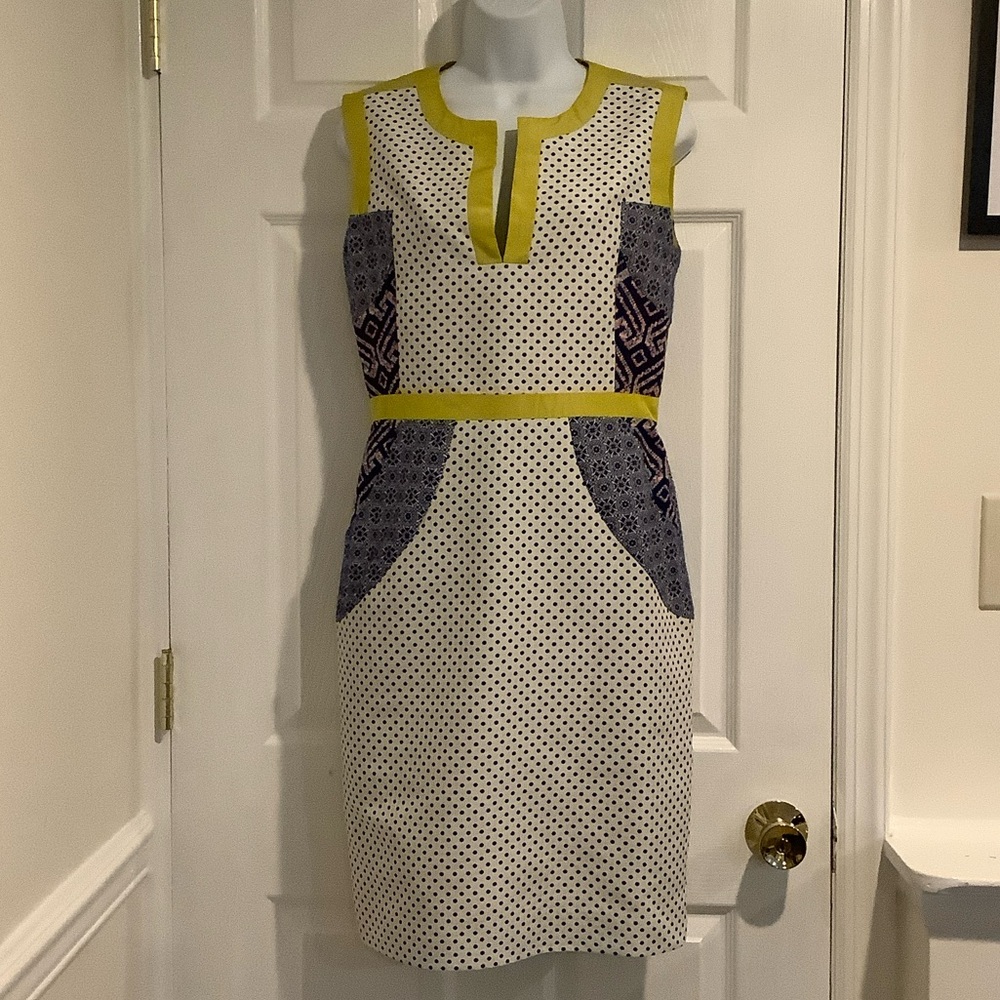 TIA CIBANI Blue/Yellow Polka Dot Patchwork 50’s Rockabilly Euro Summer Dress 8